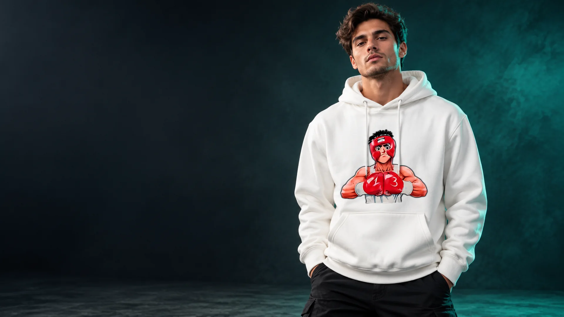Model wearing Anime Boxer Graphic Mens Hoodie Fighter Gift